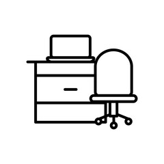 laptop on office desk and chair icon, line style