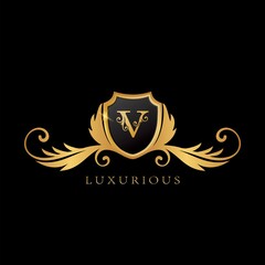 Golden U Logo Luxurious Shield logo design concept.
