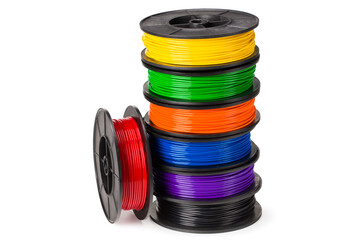 Black, red, blue, green, violet, orange, yellow, white filament 3d printer isolated on white background - obrazy, fototapety, plakaty