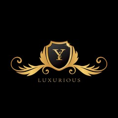 Golden Y Logo Luxurious Shield logo design concept.