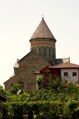 Svetitskhoveli Cathedral and Mtskheta town aerial view from Jvari, Monestry, Tblisi
