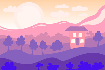summer landscape, hills with a house and trees on the background of the sunset