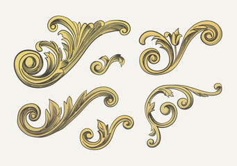 Baroque elements. Golden leaves and flowers. Swirls for design.  