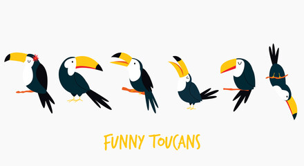 Set of funny cute toucans in different poses.