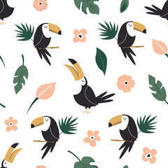 Seamless pattern with tropical toucan birds and palm leaves. Abstract design for textile, wrapping paper, decorations © danceyourlife