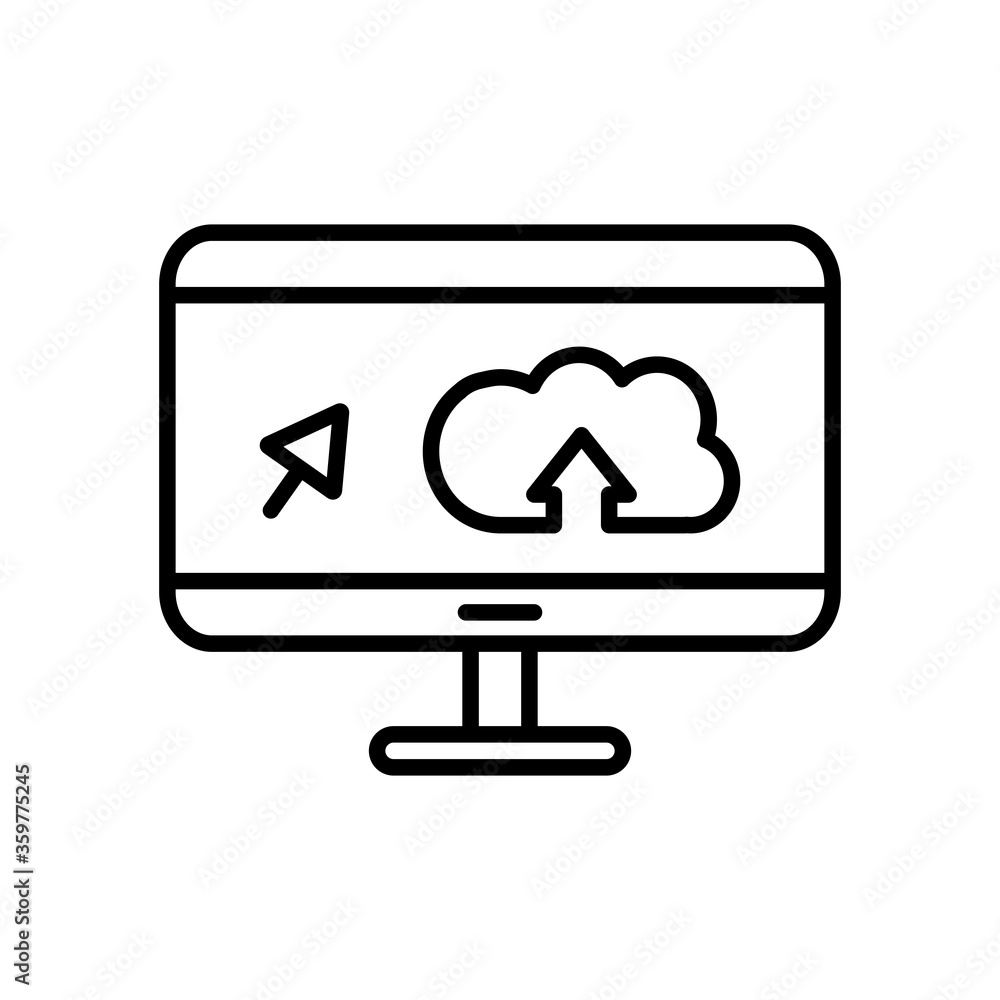 Poster computer with cloud storage and arrow cursor icon on screen, line style