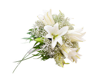 Round wedding bouquet of delicate white lilies isolated