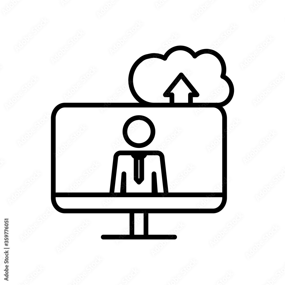 Poster work concept, cloud storage and computer with pictogram man on screen, line style