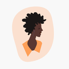 Black woman portrait vector illustration. Girl face in profile with afro hair. Beautiful dark skin female picture. Avatar for african american lady. Young person silhouette with curly hairstyle. 
