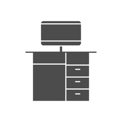 computer on office desk icon, silhouette style