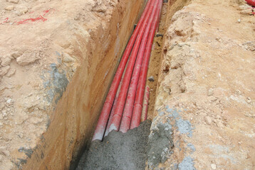 KUALA LUMPUR, MALAYSIA -APRIL 06, 2019: HDPE conduit pipe power conduit installed inside the ground...