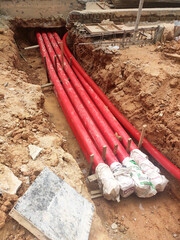 KUALA LUMPUR, MALAYSIA -APRIL 06, 2019: HDPE conduit pipe power conduit installed inside the ground...
