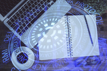 Multi exposure of data theme drawing hologram over topview work desk background with computer. Concept of technology.