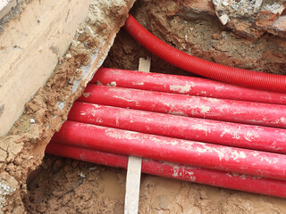 KUALA LUMPUR, MALAYSIA -APRIL 06, 2019: HDPE conduit pipe power conduit installed inside the ground...