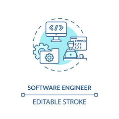 Software engineer turquoise concept icon. Source code. System maintenance and development. Computer programmer idea thin line illustration. Vector isolated outline RGB color drawing. Editable stroke