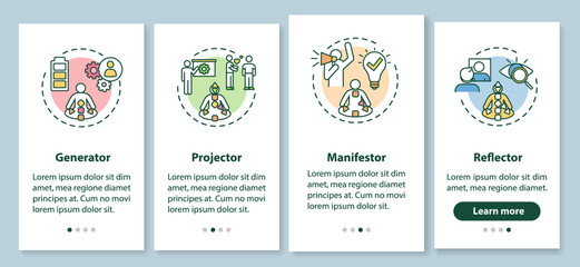 Human design type onboarding mobile app page screen with concepts. Personality classification walkthrough 4 steps graphic instructions. UI vector template with RGB color illustrations
