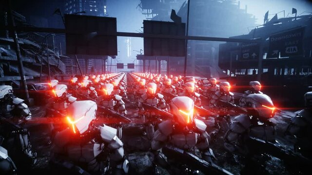 walking military robots. invasion of military robots. Dramatic apocalypse super realistic concept. Future. 4k animation.