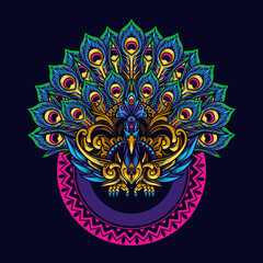 mandala peacock illustration and tshirt design
