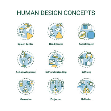 Human design concept icons set. Improve self understanding. Accept oneself. Chakra type. Individuality idea thin line RGB color illustrations. Vector isolated outline drawings. Editable stroke