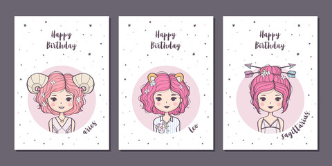 Set of birthday greeting cards design with cute cartoon zodiac girls. Fire zodiacal signs: Aries, Leo, Sagittarius. Vector illustration