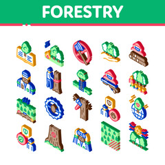 Forestry Lumberjack Icons Set Vector. Isometric Forestry Working Equipment And Tree Safe Fence, Animal And Forest Protection Illustrations