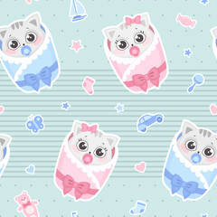 Vector seamless pattern with cute newborn baby cats. Baby shower design