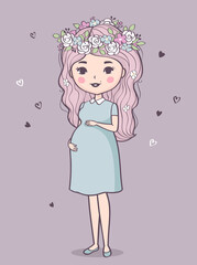 Cute pregnant woman. Vector illustration of young smiling woman waiting for baby. Happy mom expecting baby. Pregnancy