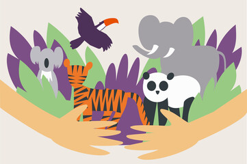 Illustration of hands hugging and protecting wild animals from extinction - Global animal and envirnmental conservation