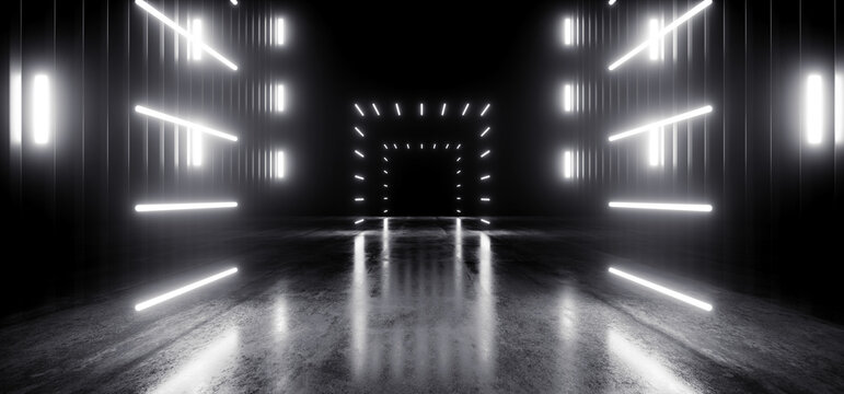 Glowing Neon Laser White Warehouse beams Studio Lights Industrial Background Concrete Grunge Hallway Tunnel Corridor Dark Cyber Virtual Underground 3D Rendering