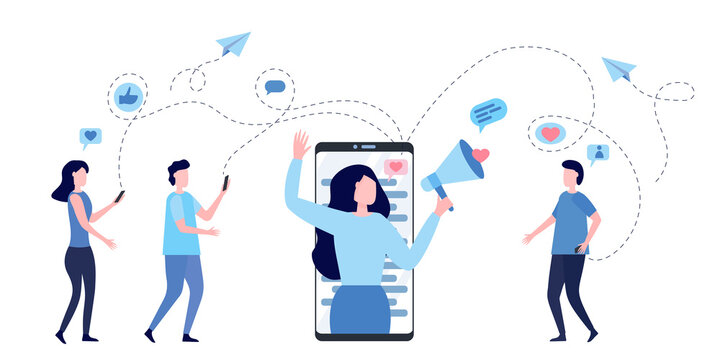 Woman with megaphone on a screen of smartphone. Blogger surrounded with her followers. Concept of influencer marketing, social media promotion services, SMM. Flat vector illustration.