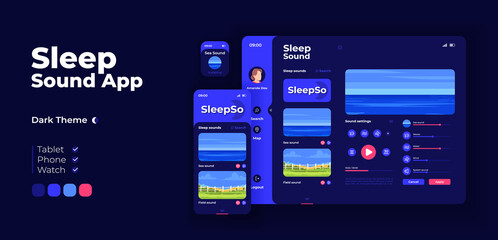 Sleep music app screen vector adaptive design template. Relaxing nature sounds for bedtime rest application light mode interface with flat illustrations. Smartphone, tablet, smart watch cartoon UI