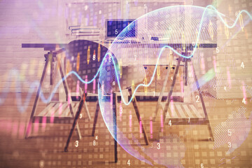 Multi exposure of financial graph drawing and office interior background. Concept of market analysis.