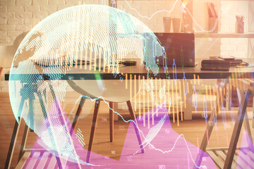 Multi exposure of stock market chart drawing and office interior background. Concept of financial analysis.