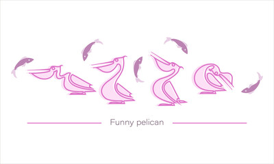 Funny pelican silhouette. Vector isolated character. Pink bird is fishing.