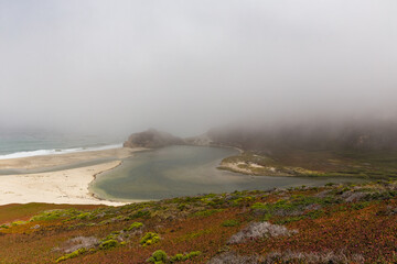 thick fog at the Little Sur river inlet of Big Sur, California