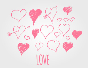 Vector hearts love set. Hand drawn elements.