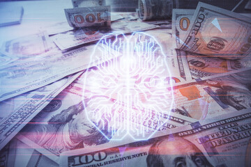 Double exposure of brain drawing over us dollars bill background. Technology concept.