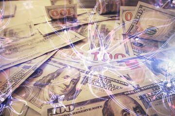 Double exposure of neuron drawing over usa dollars bill background. Concept of medical education research.
