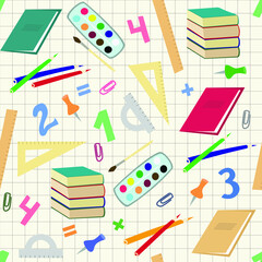 Seamless pattern with school supplies and creative elements distributed on a sheet of notebook into a cell. Back to school