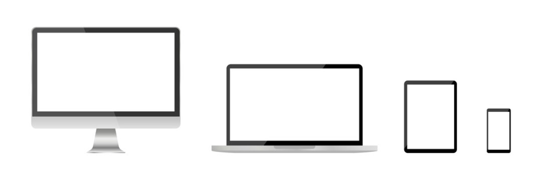Set of realistic computer , laptop tablet and phone. Screen computer monitor. Vector icon.  Digital technology consept .