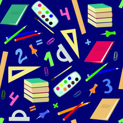 Seamless pattern with school supplies and creative elements. Back to school. Vector