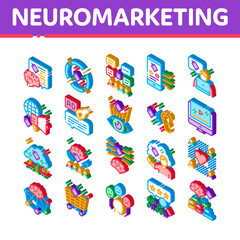 Neuromarketing Business Strategy Icons Set Vector. Isometric Neuromarketing Technology And Research Binary Code, Worldwide Marketing And Buy Cart Illustrations