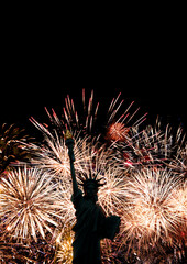 Statue of Liberty on the background of fireworks, independence day