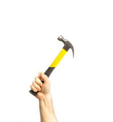hammer in male hands on a white background. close-up.