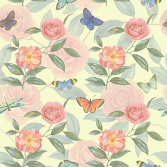 Seamless watercolor background for design. Bright watercolor drawing of flowers and butterflies.