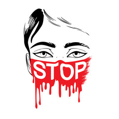 Vector black sketch of a woman's face with a painted red medical mask with word STOP