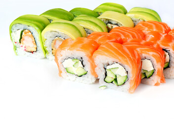 Sushi rolls Philadelphia and rolls with avocado on a white background