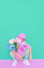  Flowers aesthetic mood. Hipster Summer Lady. Fashion concept. ideal for bloggers, websites, magazines, business owners, instagram