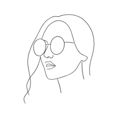 Woman face with sunglasses line art, outline drawing. Hand drawn minimal woman sketch portrait. Fashion concept