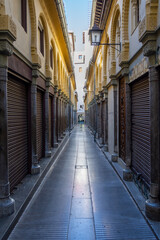 Fototapeta na wymiar Perspective of the empty Ermita street in the Alcaiceria de Granada with all the shops closed